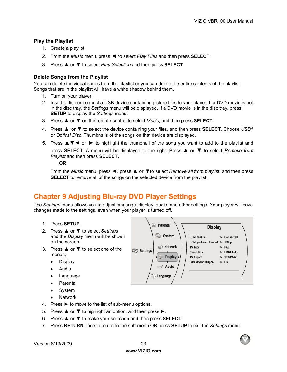 Play the playlist, Delete songs from the playlist, Chapter 9 adjusting blu-ray dvd player settings | Vizio VBR100 User Manual | Page 23 / 42