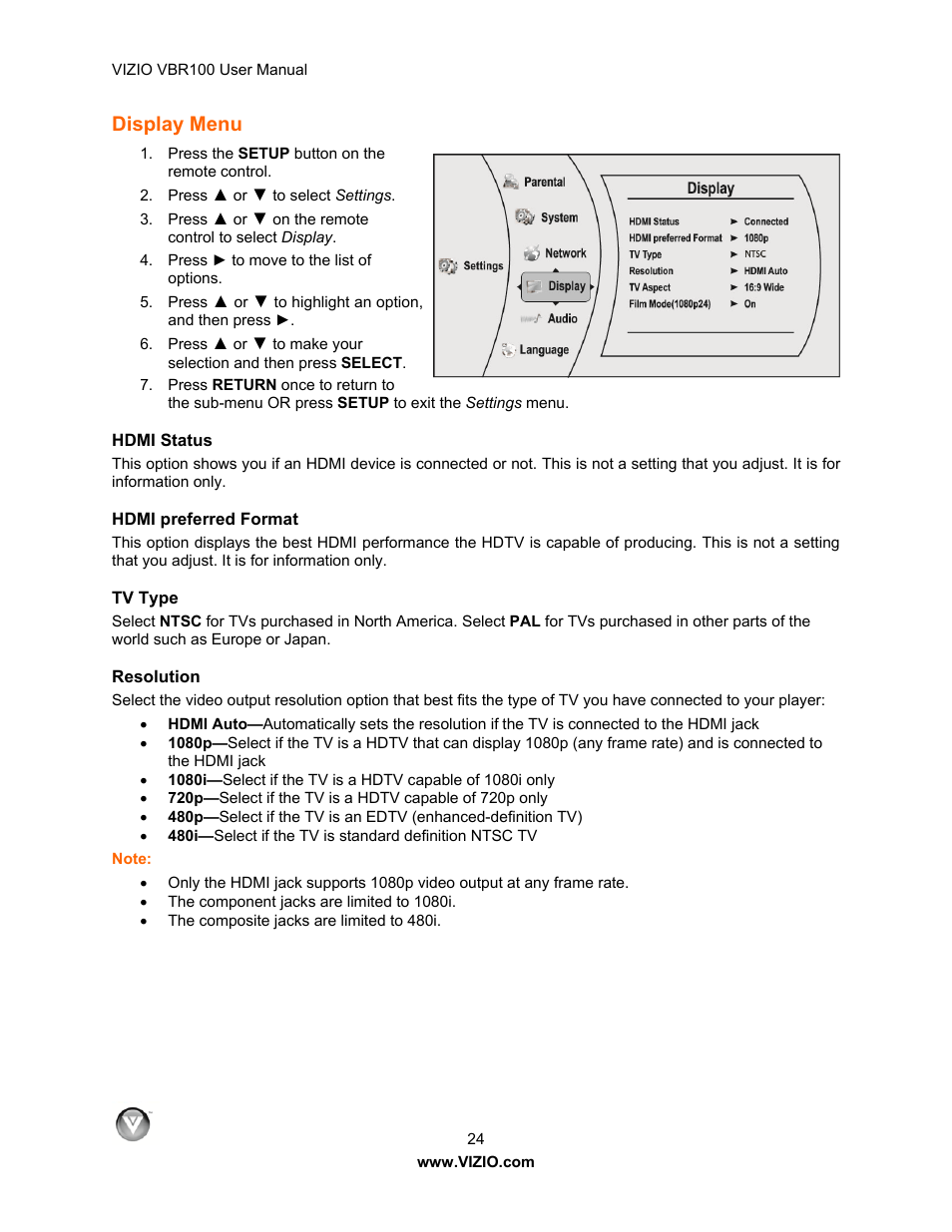 Display menu, Hdmi status, Hdmi preferred format | Tv type, Resolution | Vizio VBR100 User Manual | Page 24 / 42