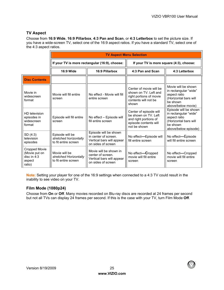 Tv aspect, Film mode (1080p24) | Vizio VBR100 User Manual | Page 25 / 42
