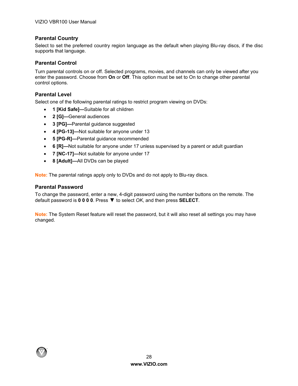 Parental country, Parental control, Parental level | Parental password | Vizio VBR100 User Manual | Page 28 / 42