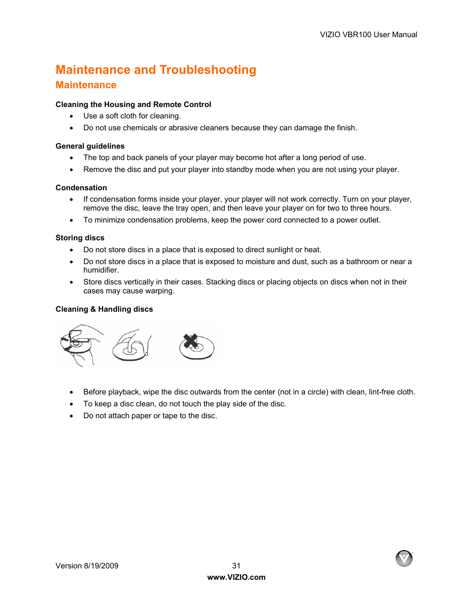 Maintenance and troubleshooting, Maintenance | Vizio VBR100 User Manual | Page 31 / 42