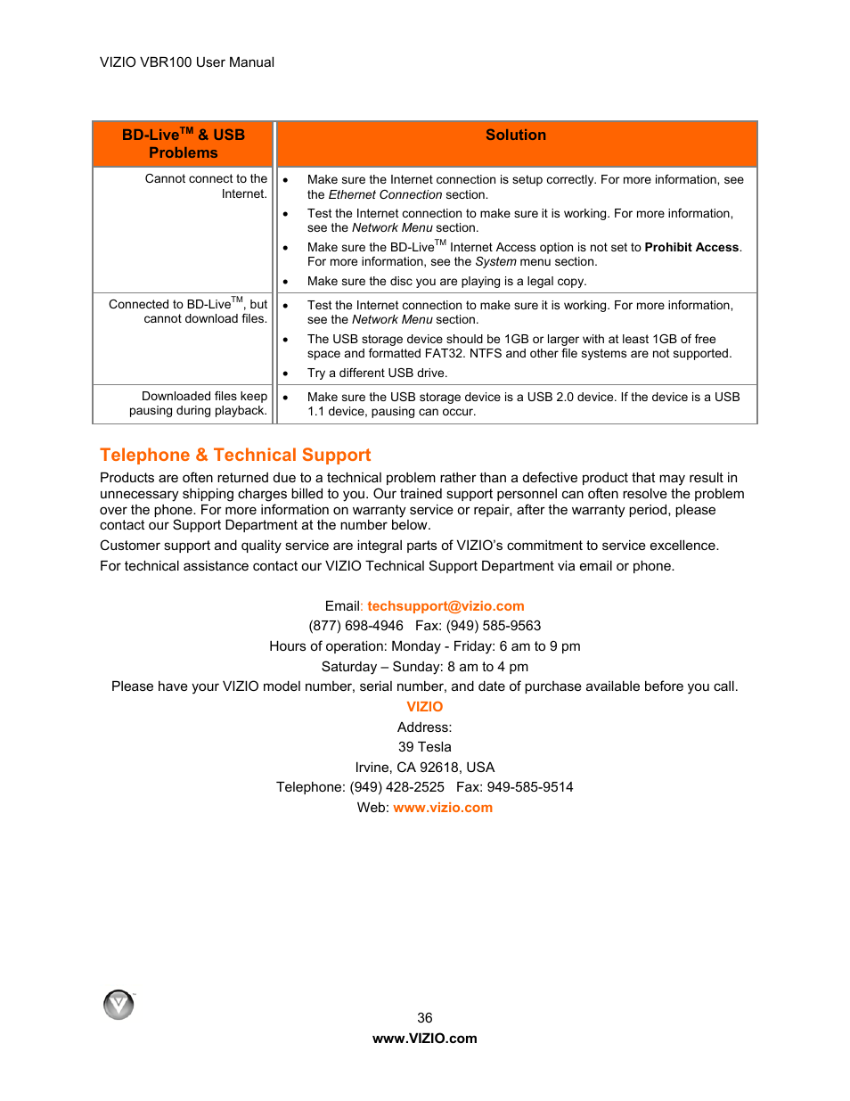 Telephone & technical support | Vizio VBR100 User Manual | Page 36 / 42