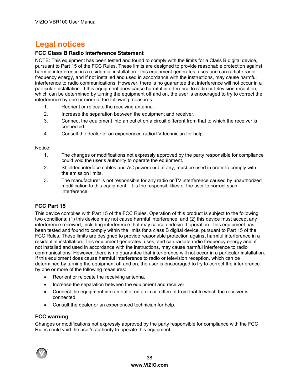 Legal notices | Vizio VBR100 User Manual | Page 38 / 42
