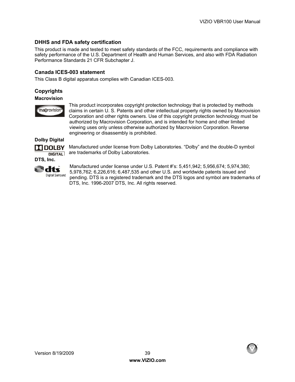 Vizio VBR100 User Manual | Page 39 / 42