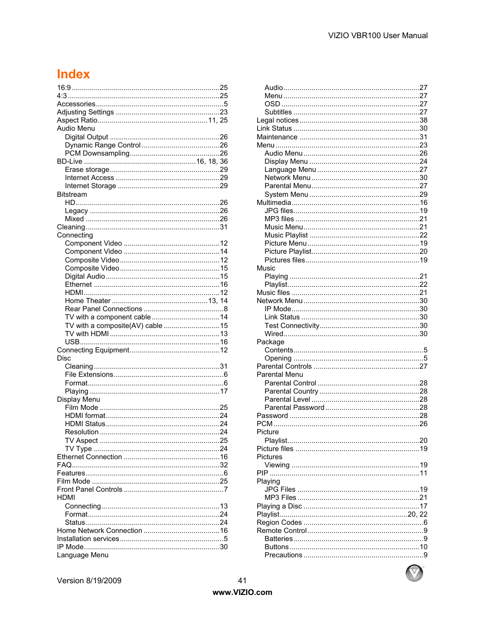 Index | Vizio VBR100 User Manual | Page 41 / 42