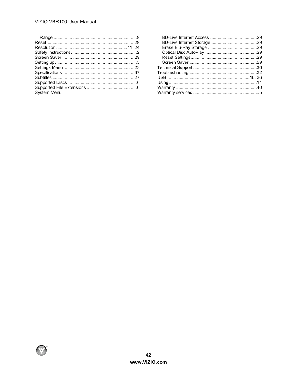 Vizio VBR100 User Manual | Page 42 / 42