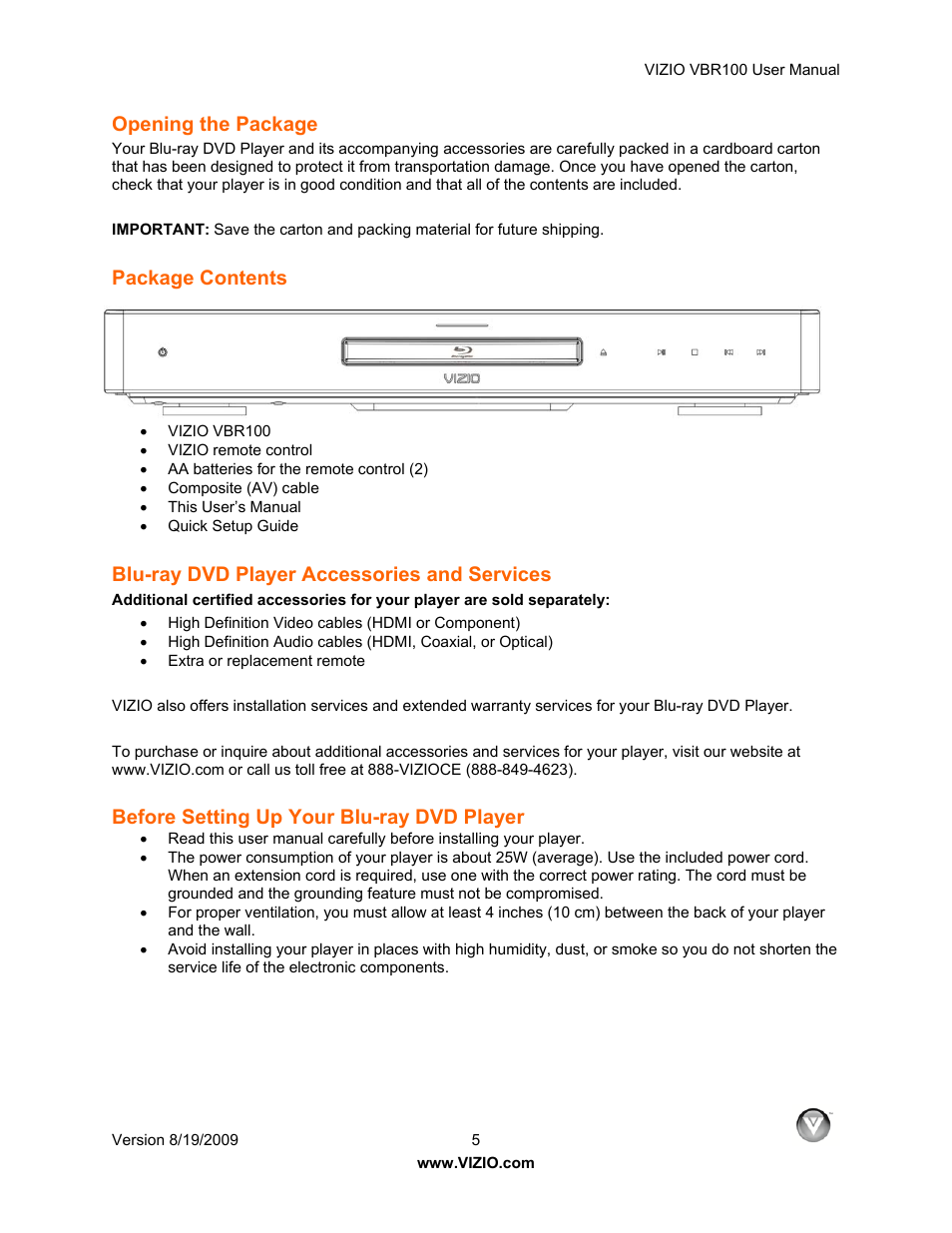 Before setting up your blu-ray dvd player, Opening the package, Package contents | Blu-ray dvd player accessories and services | Vizio VBR100 User Manual | Page 5 / 42