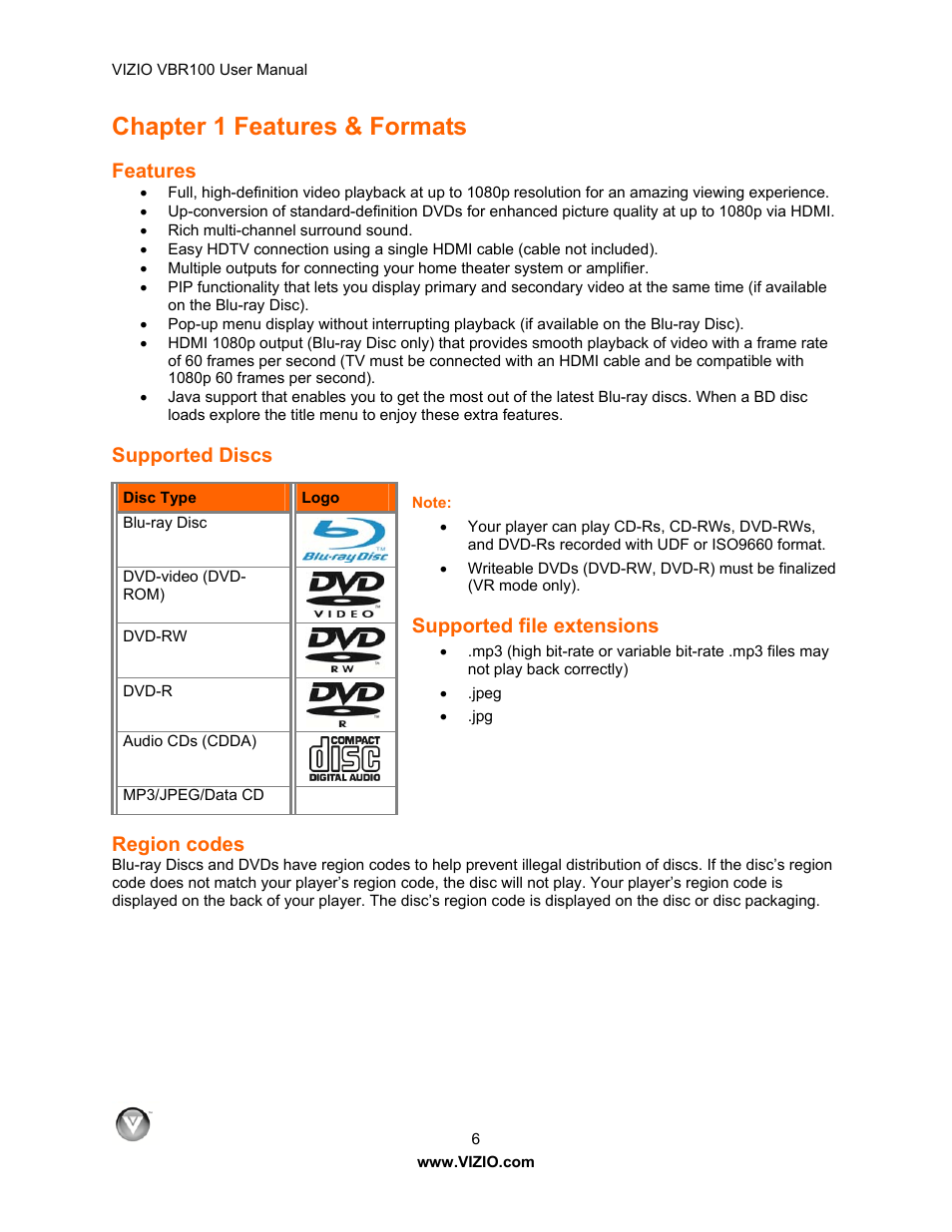 Chapter 1 features & formats, Features, Supported discs | Supported file extensions, Region codes | Vizio VBR100 User Manual | Page 6 / 42