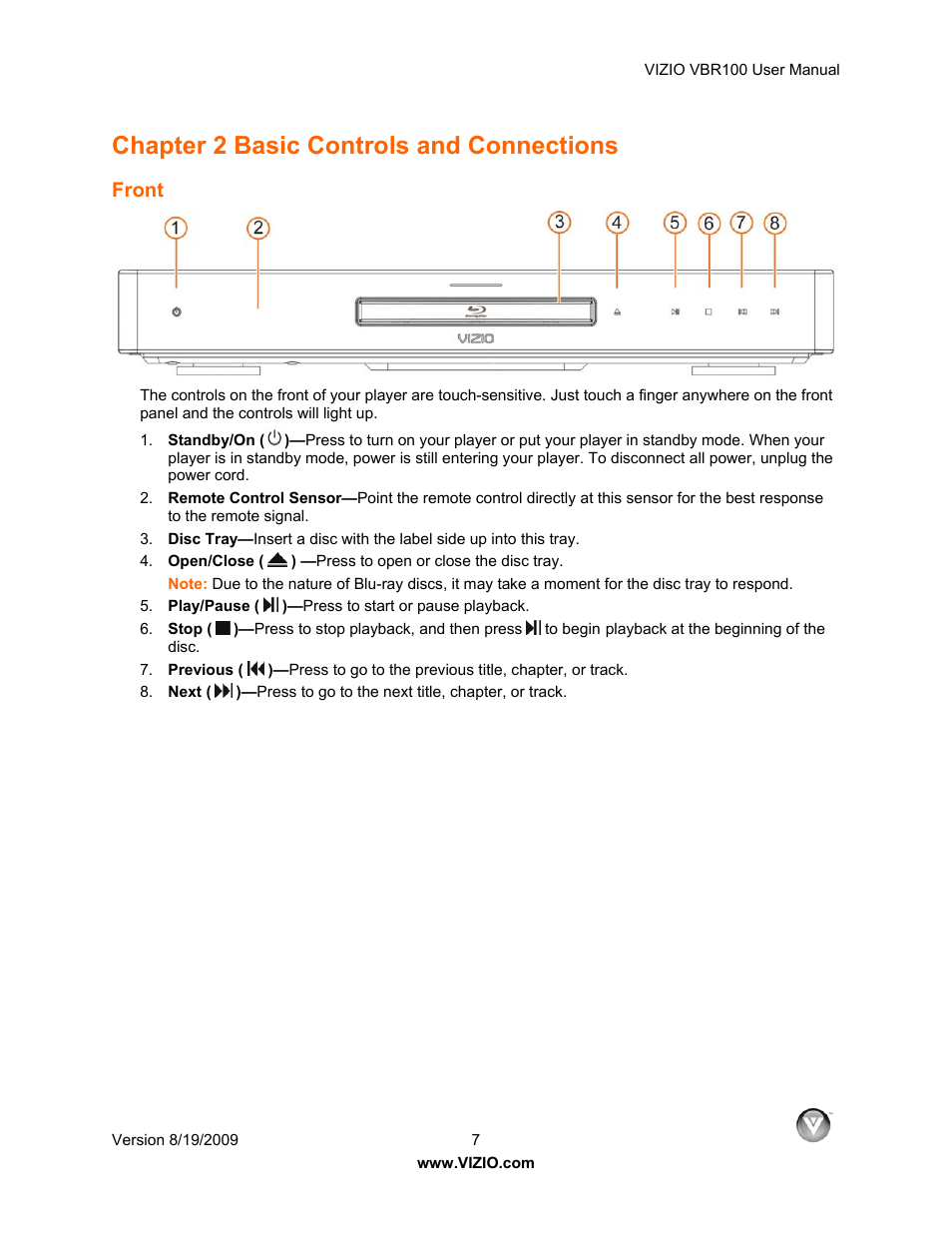 Chapter 2 basic controls and connections, Front | Vizio VBR100 User Manual | Page 7 / 42