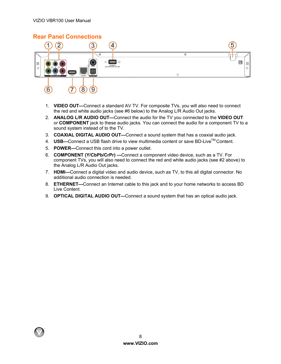 Rear panel connections | Vizio VBR100 User Manual | Page 8 / 42