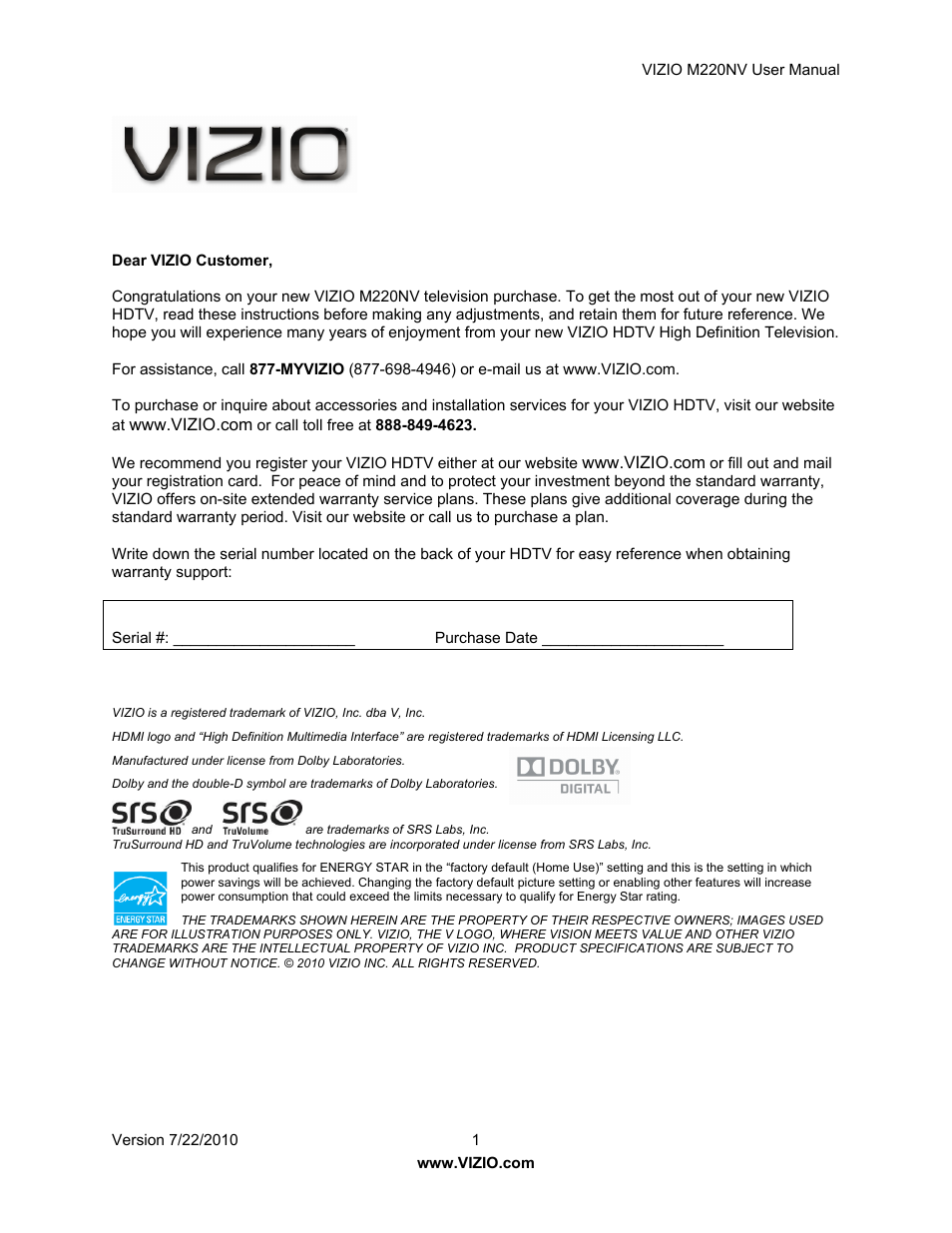 Vizio M220NV User Manual | 58 pages