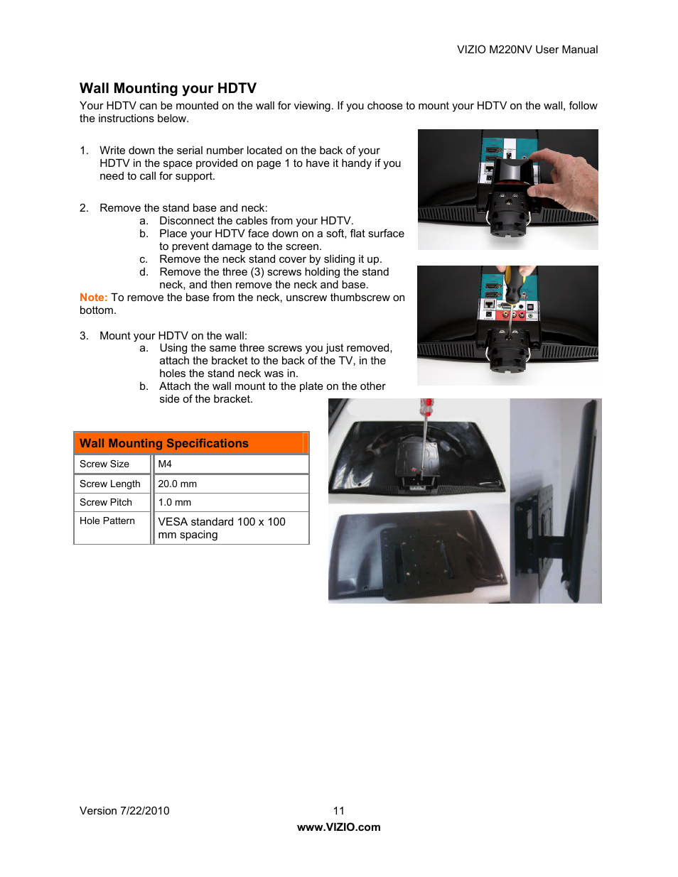 Wall mounting your hdtv | Vizio M220NV User Manual | Page 11 / 58