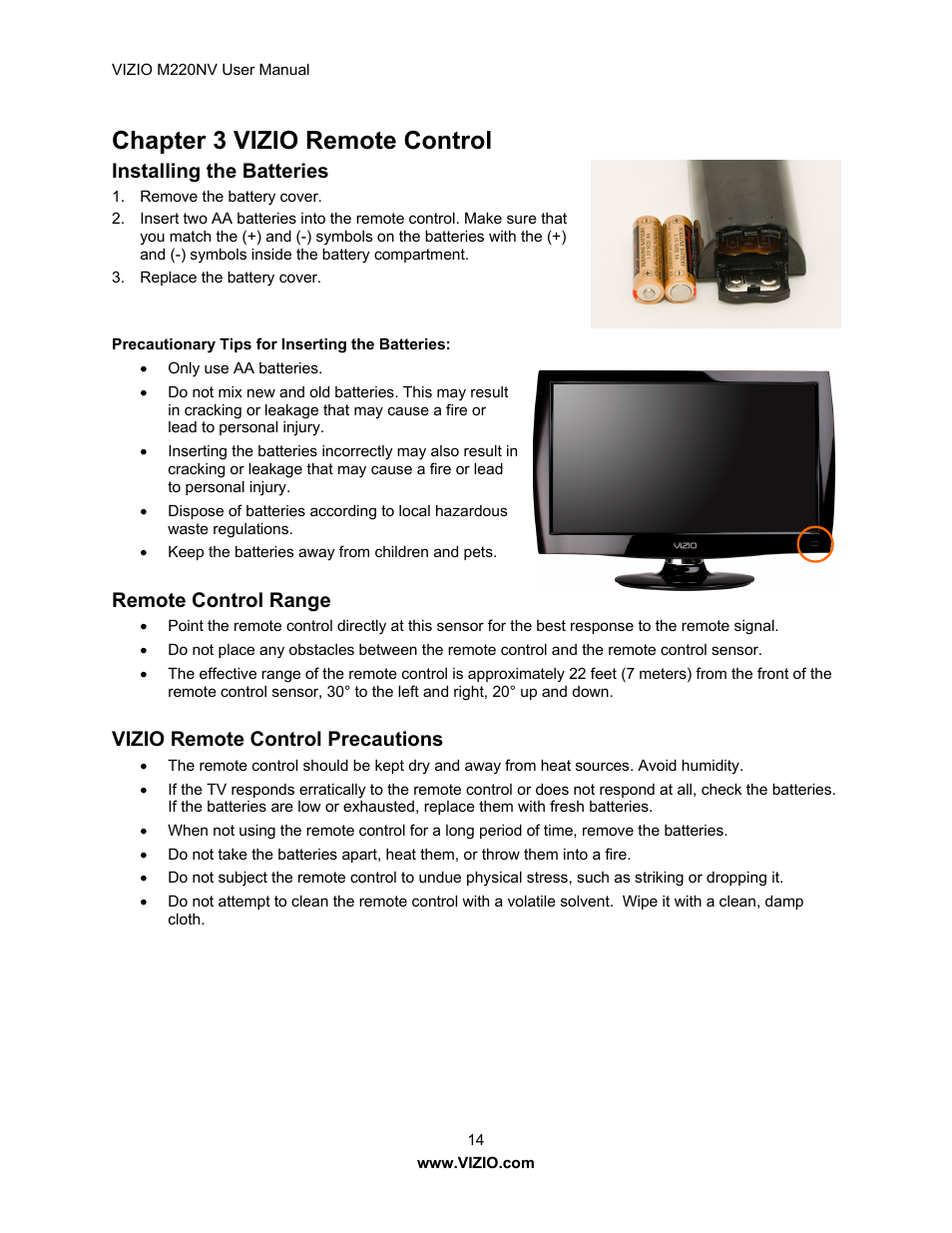 Chapter 3 vizio remote control, Installing the batteries, Remote control range | Vizio remote control precautions | Vizio M220NV User Manual | Page 14 / 58