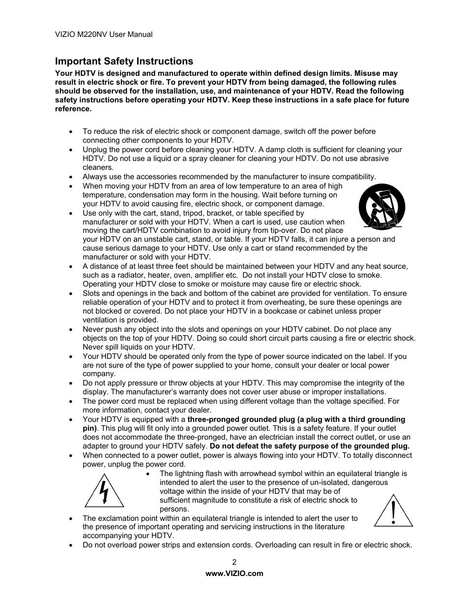Important safety instructions | Vizio M220NV User Manual | Page 2 / 58