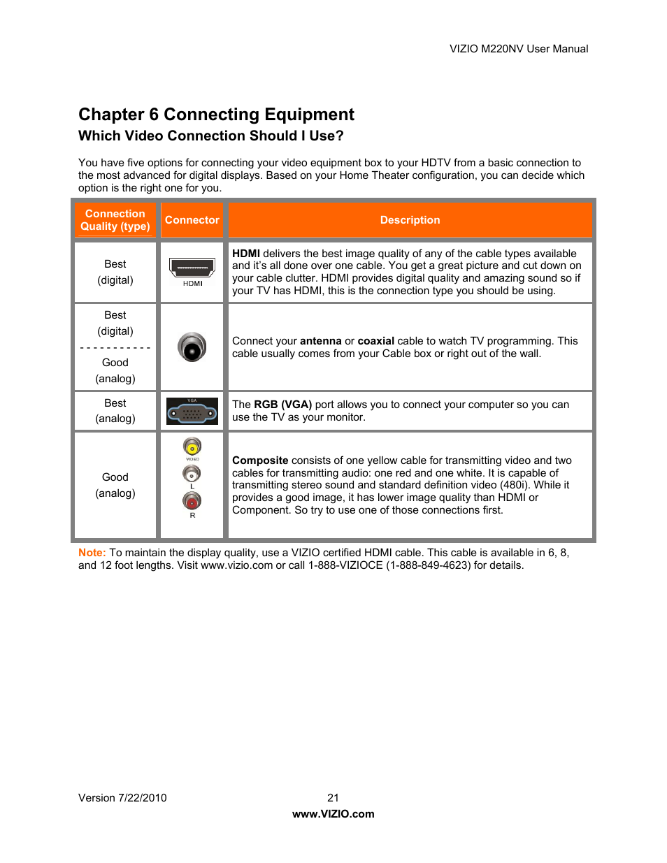 Chapter 6 connecting equipment, Which video connection should i use | Vizio M220NV User Manual | Page 21 / 58