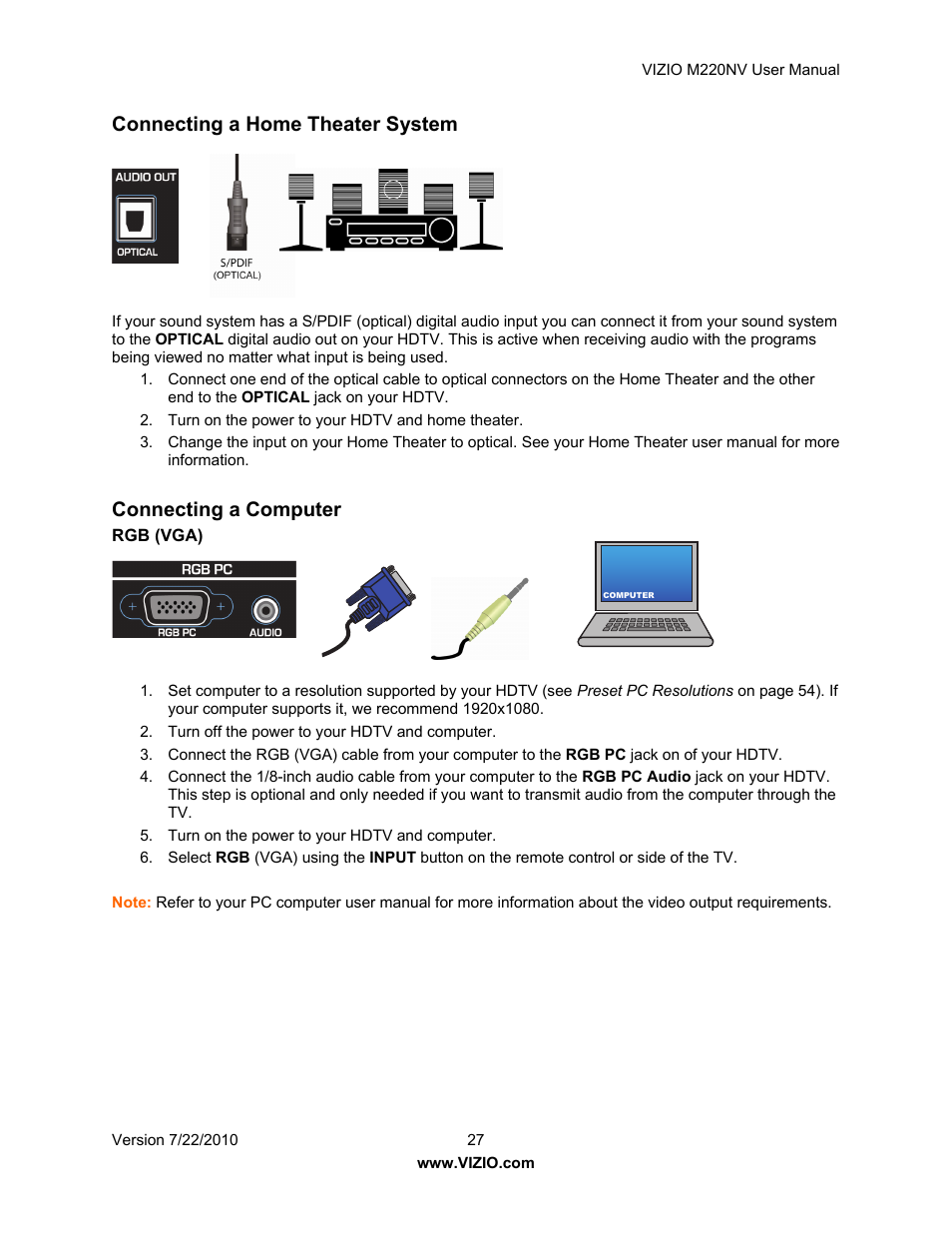 Connecting a home theater system, Connecting a computer | Vizio M220NV User Manual | Page 27 / 58