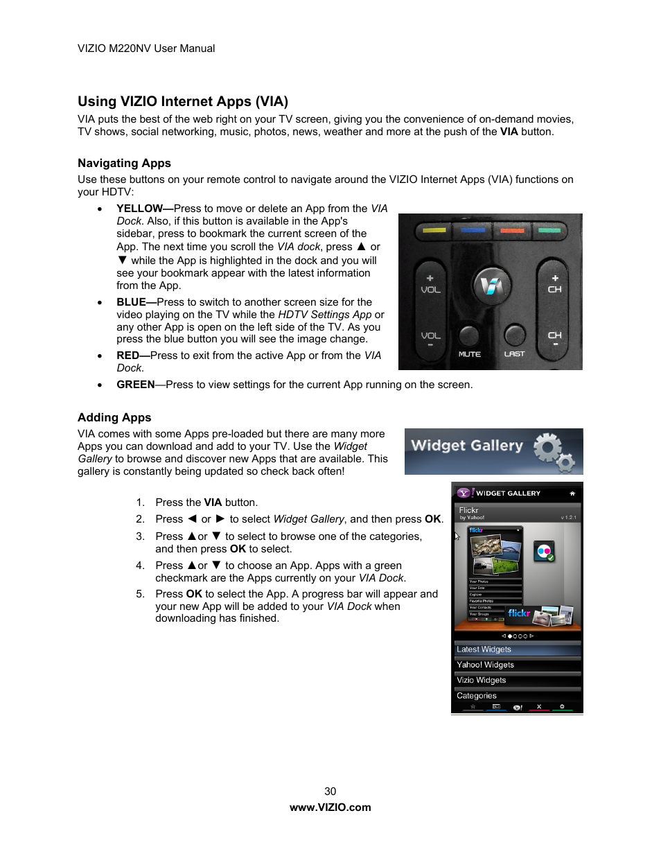 Using vizio internet apps (via) | Vizio M220NV User Manual | Page 30 / 58