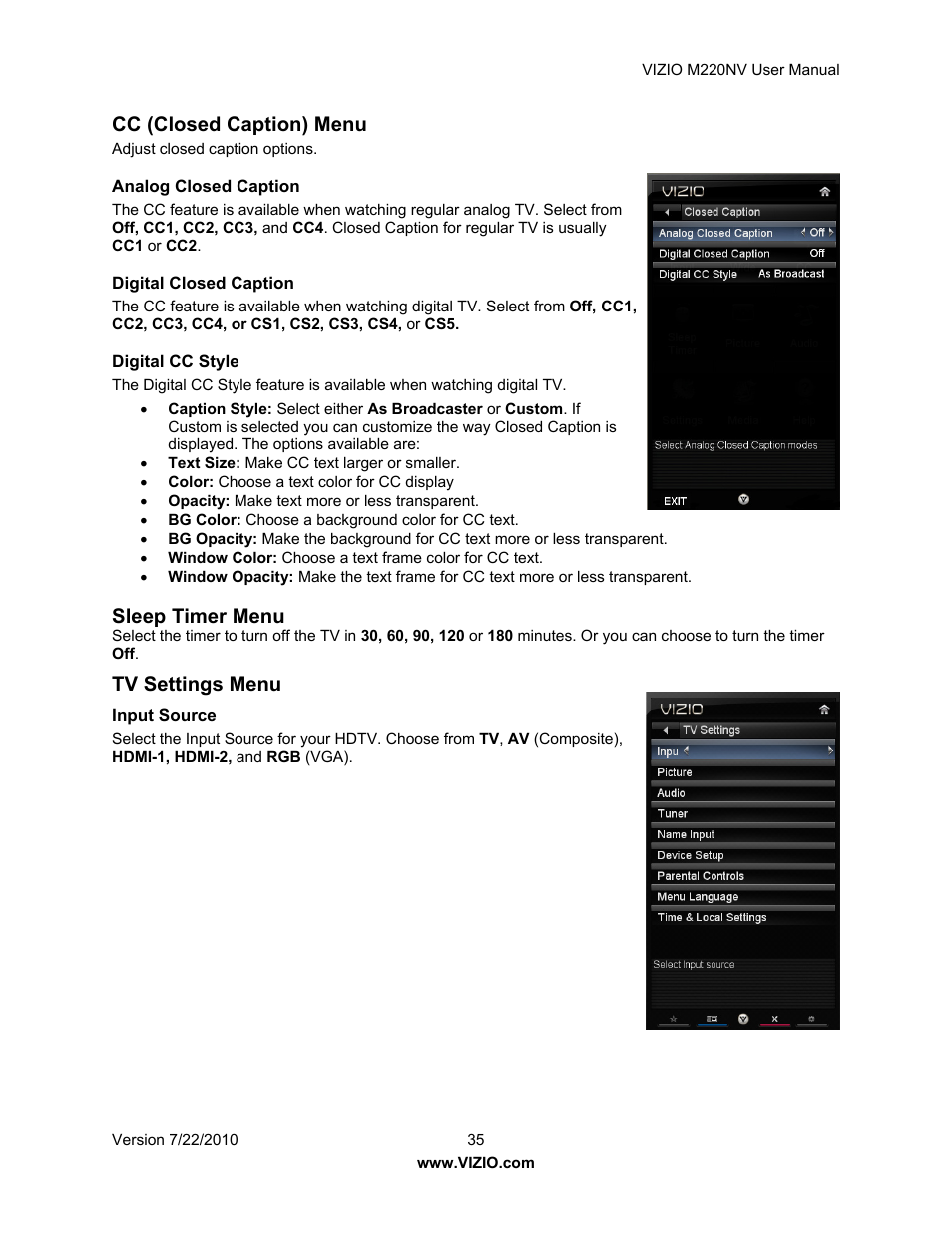 Cc (closed caption) menu, Sleep timer menu, Tv settings menu | Vizio M220NV User Manual | Page 35 / 58