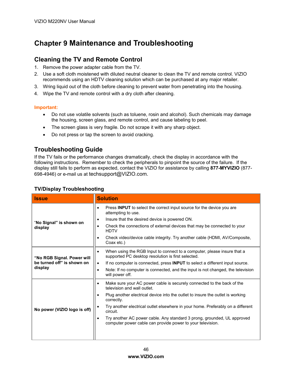 Maintenance and troubleshooting, Chapter 9, Cleaning the tv and remote control | Troubleshooting guide | Vizio M220NV User Manual | Page 46 / 58