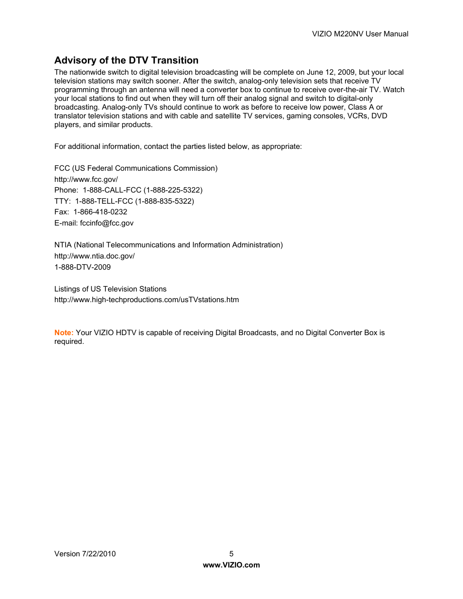 Advisory of the dtv transition | Vizio M220NV User Manual | Page 5 / 58