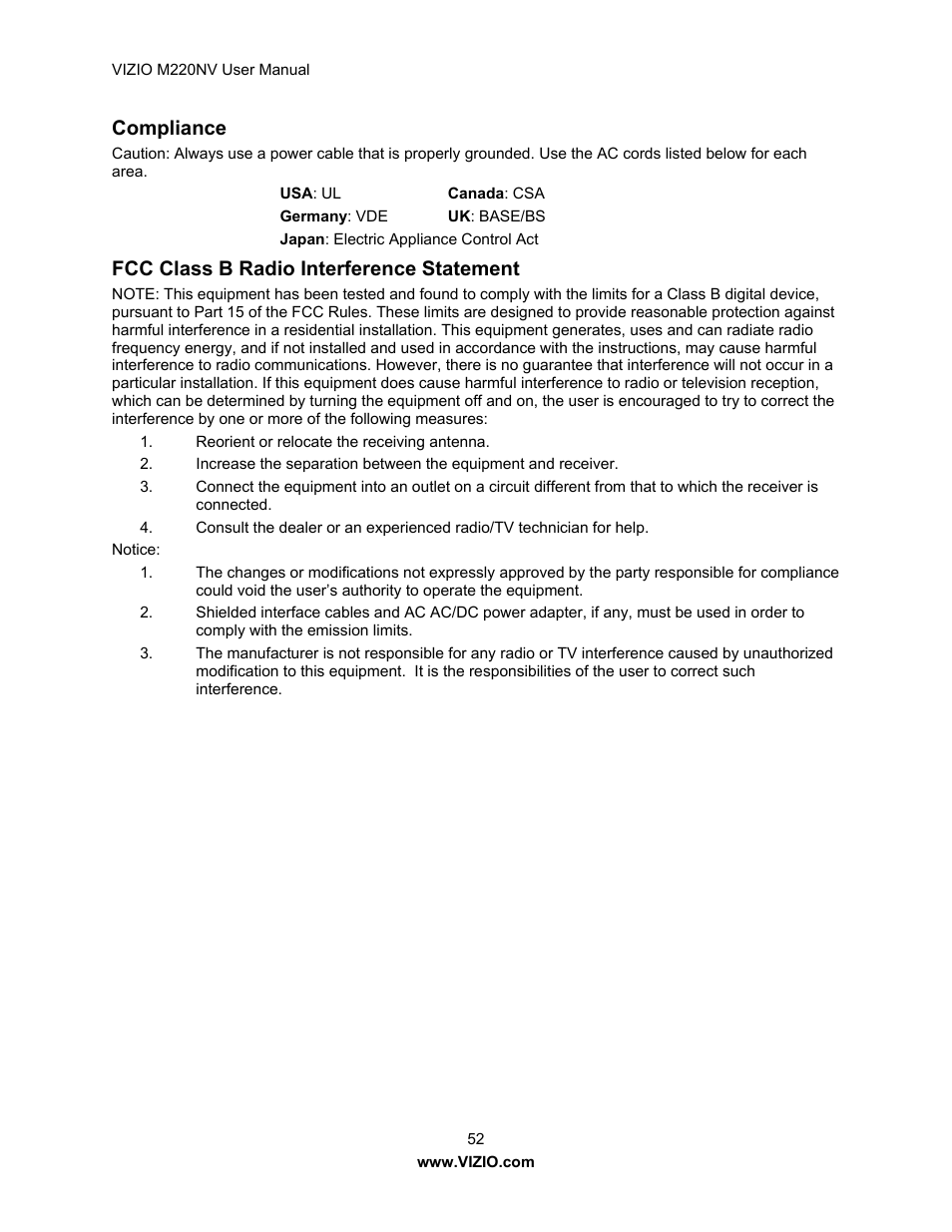 Compliance, Fcc class b radio interference statement | Vizio M220NV User Manual | Page 52 / 58
