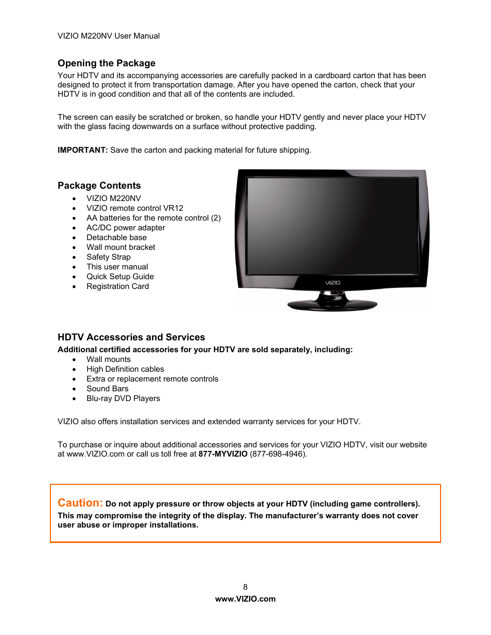 Caution | Vizio M220NV User Manual | Page 8 / 58