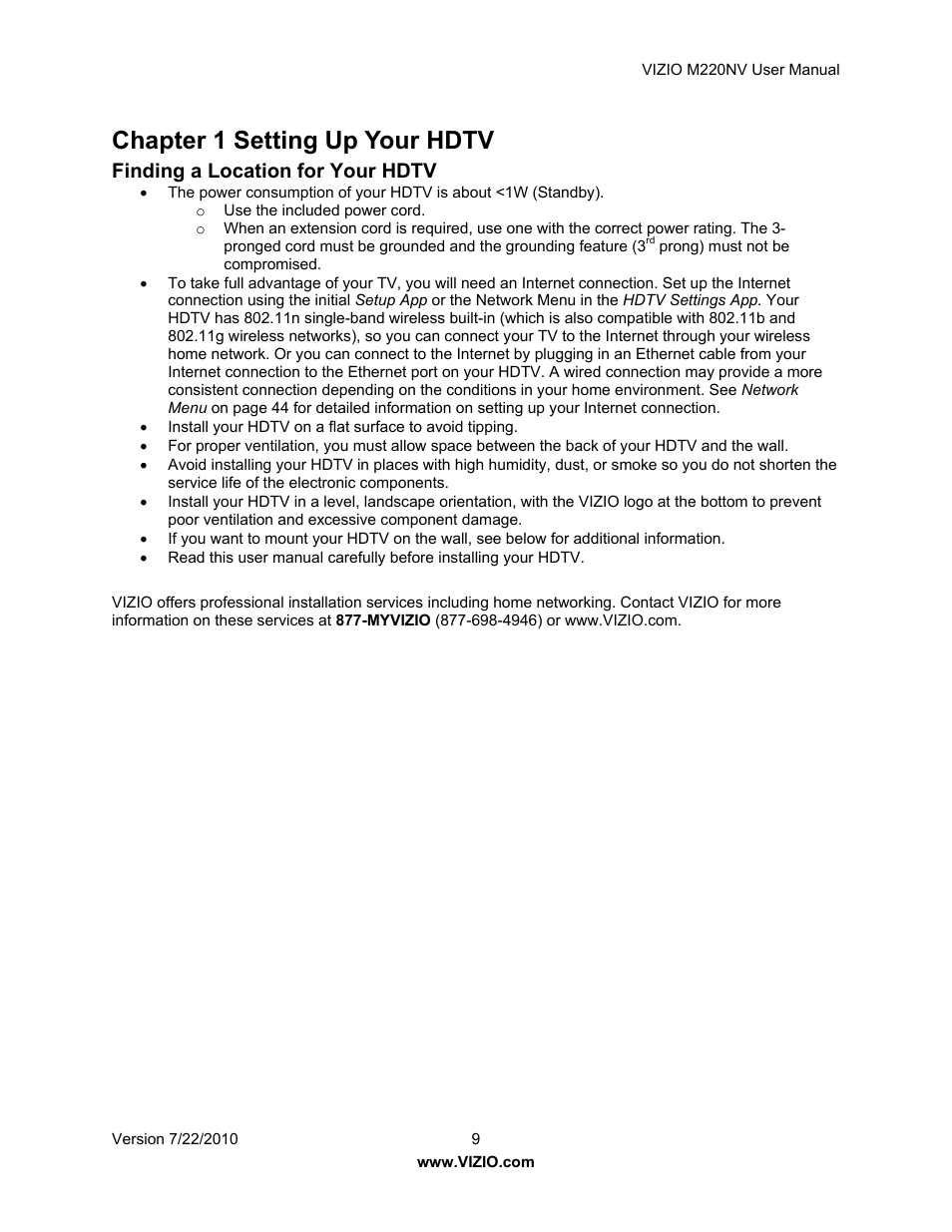 Chapter 1 setting up your hdtv, Finding a location for your hdtv | Vizio M220NV User Manual | Page 9 / 58