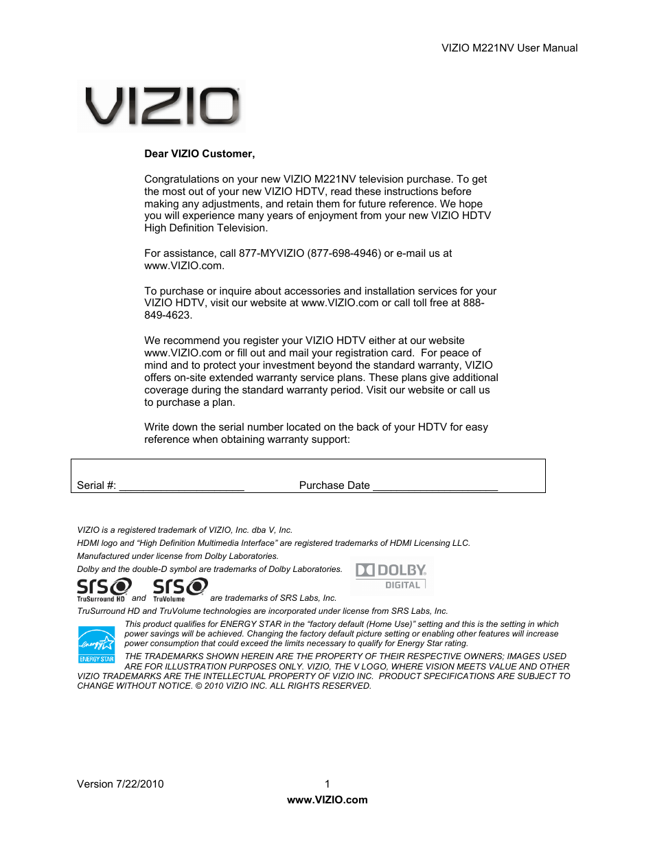 Vizio M221NV User Manual | 60 pages