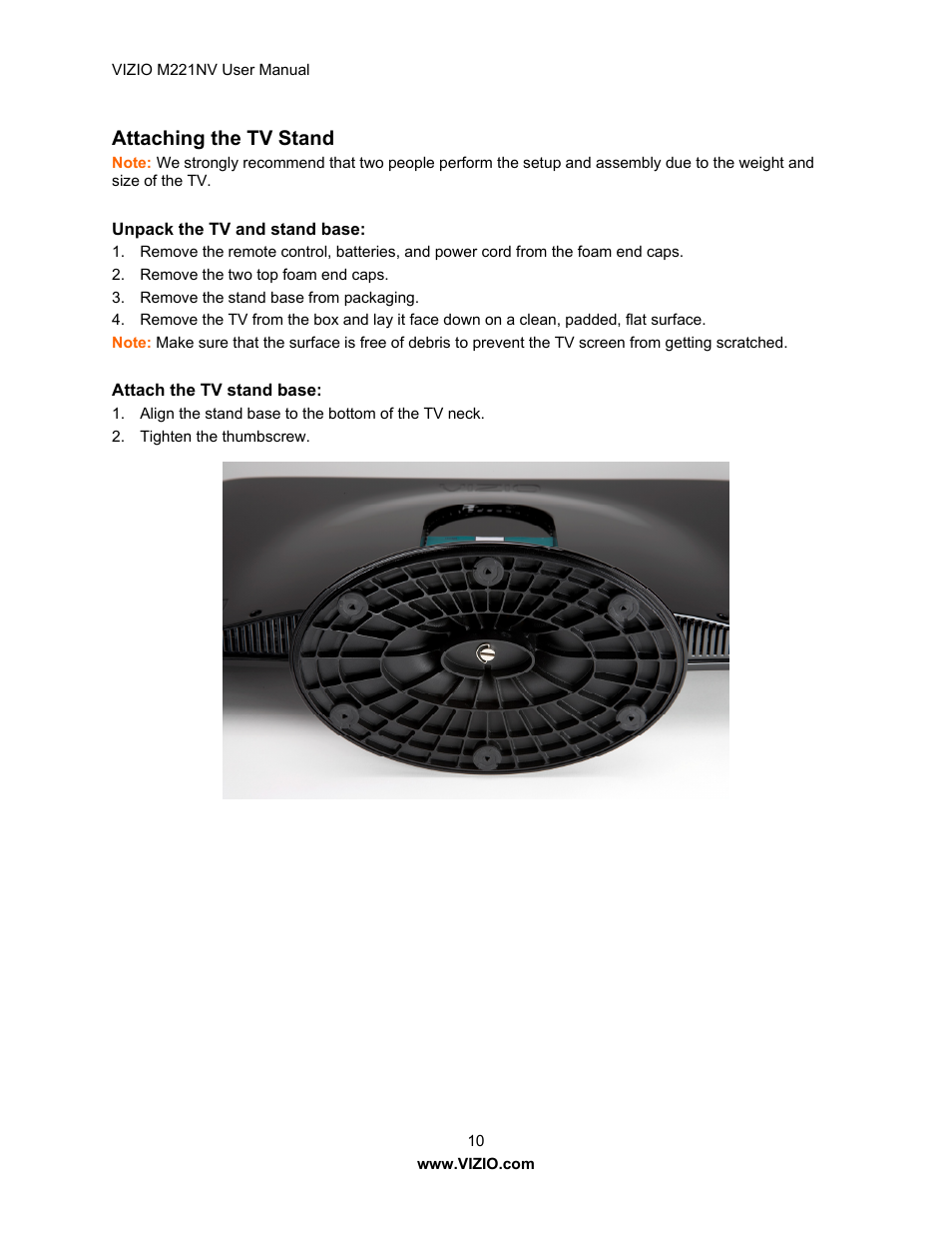 Attaching the tv stand | Vizio M221NV User Manual | Page 10 / 60