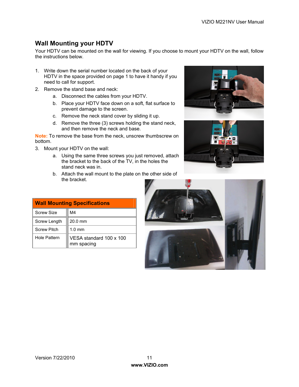 Wall mounting your hdtv | Vizio M221NV User Manual | Page 11 / 60