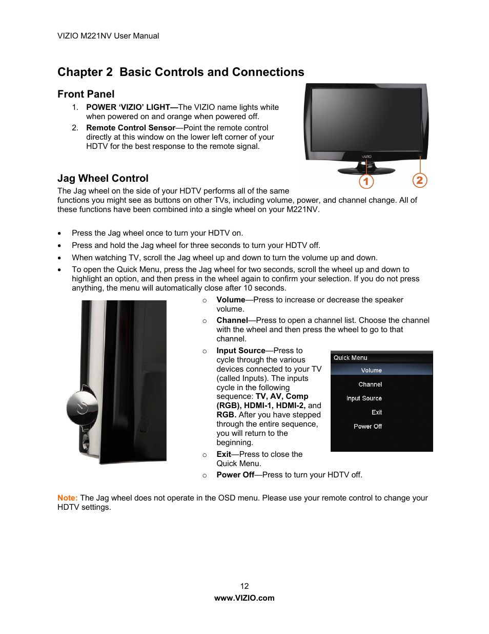 Chapter 2 basic controls and connections, Front panel, Jag wheel control | Vizio M221NV User Manual | Page 12 / 60