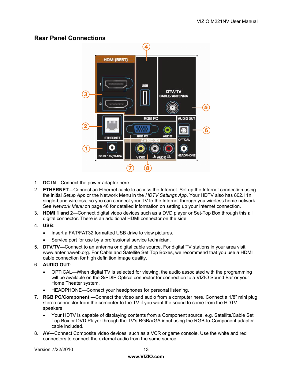 Rear panel connections | Vizio M221NV User Manual | Page 13 / 60