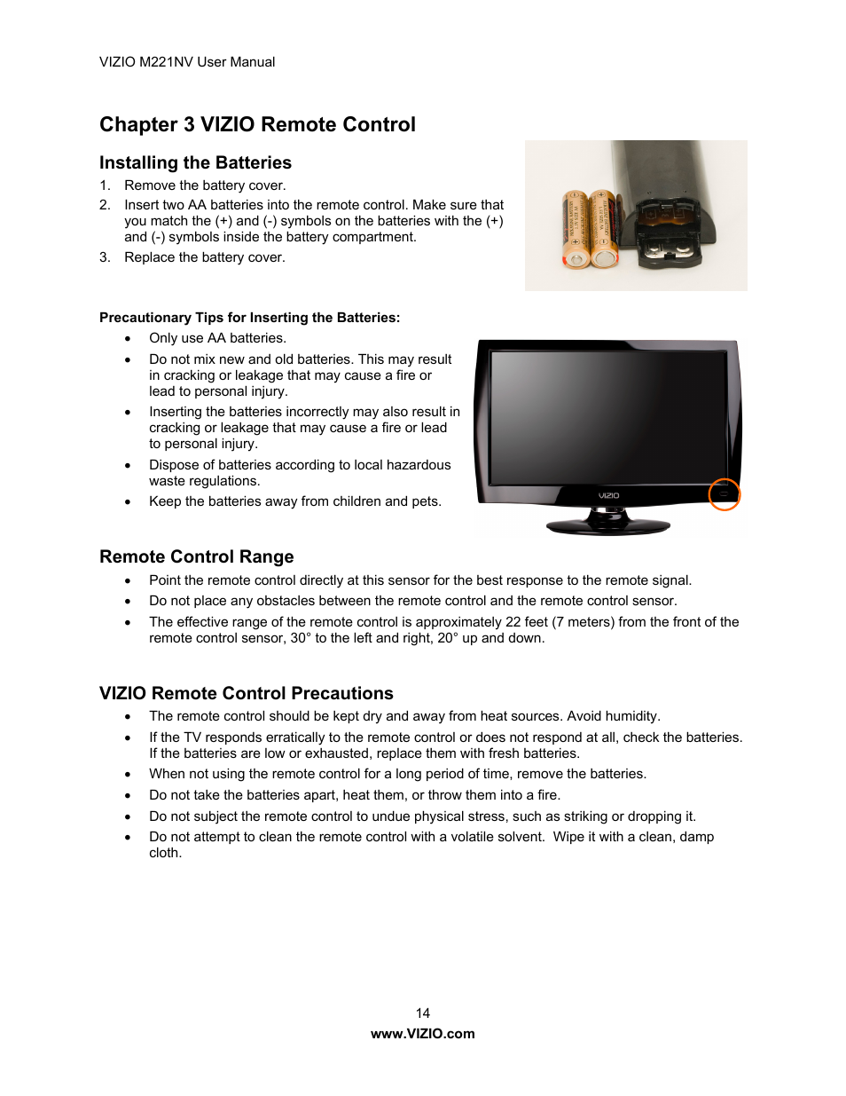 Chapter 3 vizio remote control, Installing the batteries, Remote control range | Vizio remote control precautions | Vizio M221NV User Manual | Page 14 / 60