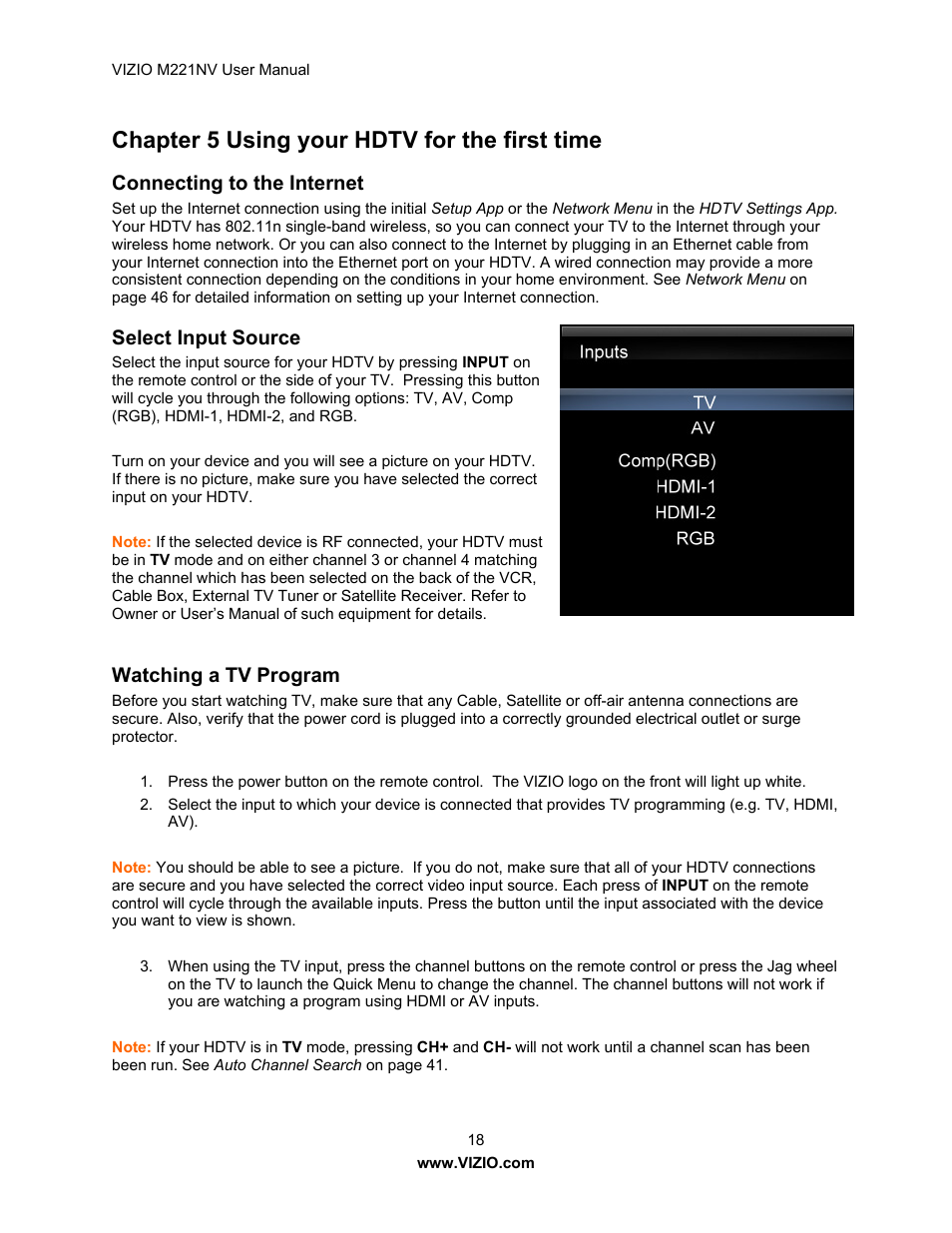Chapter 5 using your hdtv for the first time, Connecting to the internet, Select input source | Watching a tv program | Vizio M221NV User Manual | Page 18 / 60