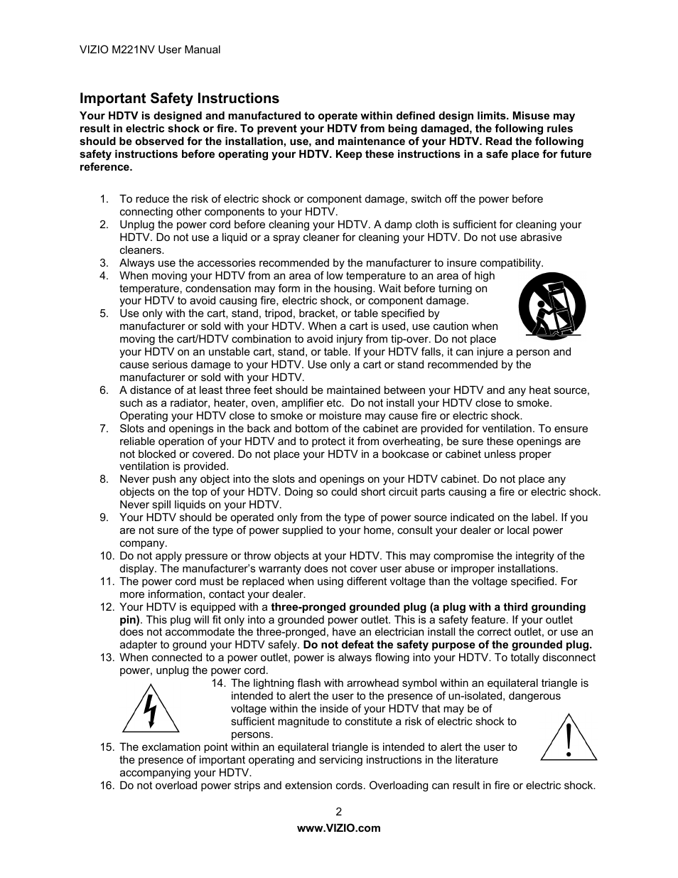 Important safety instructions | Vizio M221NV User Manual | Page 2 / 60