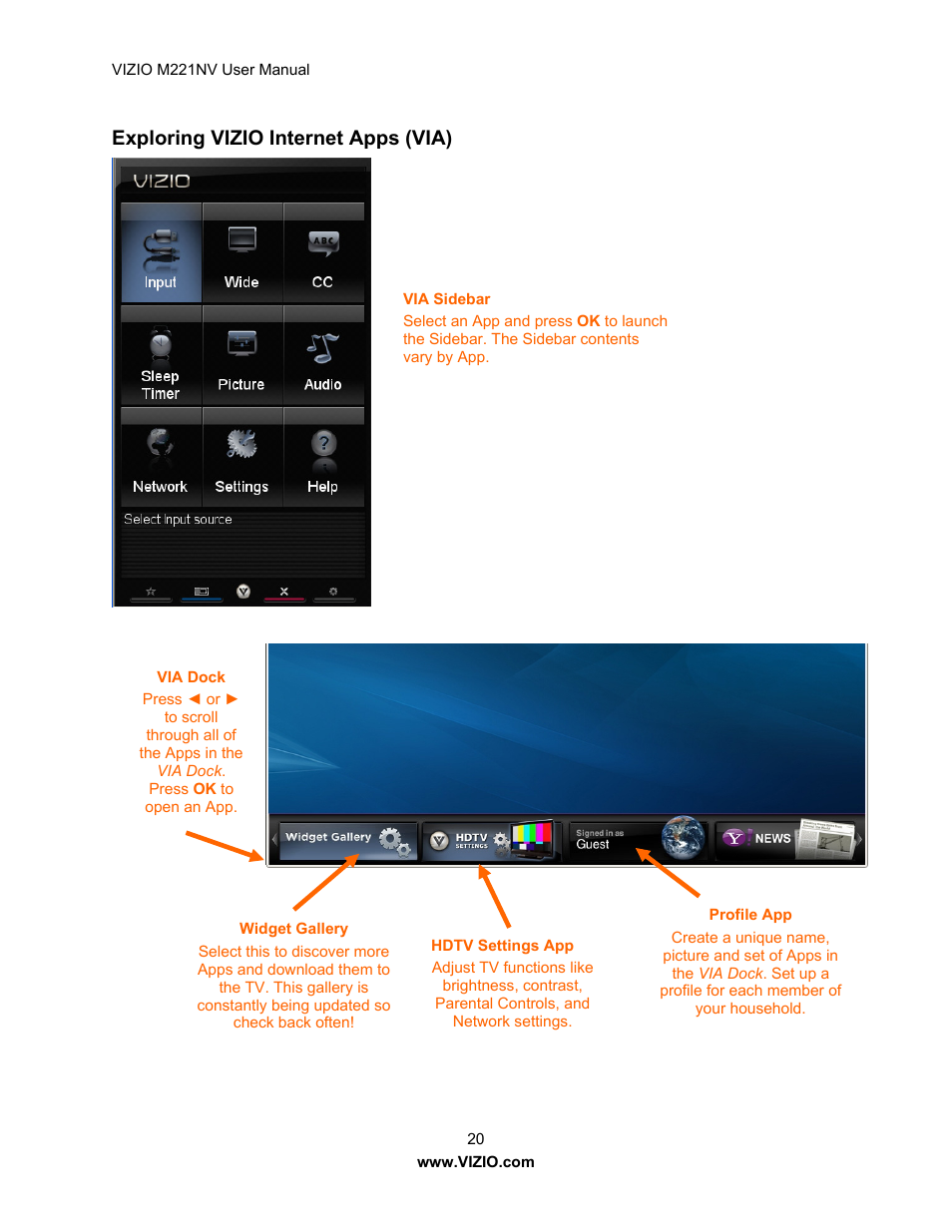 Exploring vizio internet apps (via) | Vizio M221NV User Manual | Page 20 / 60