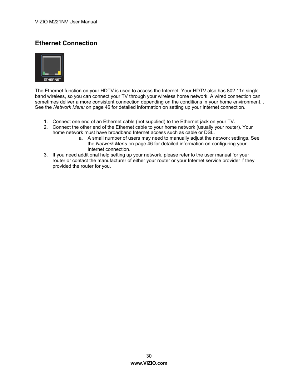 Ethernet connection | Vizio M221NV User Manual | Page 30 / 60