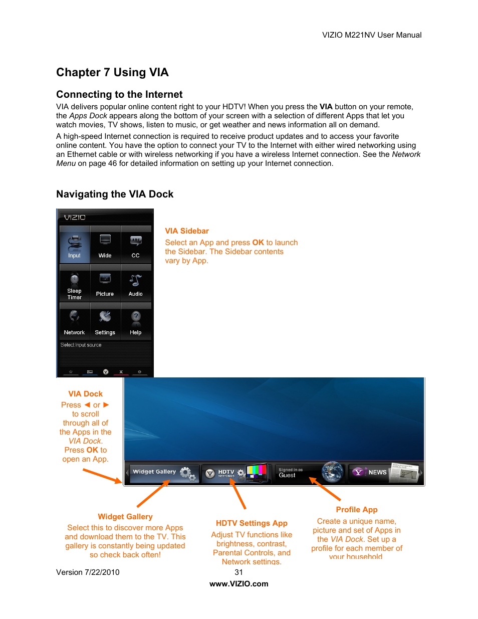 Chapter 7 using via, Connecting to the internet, Navigating the via dock | Vizio M221NV User Manual | Page 31 / 60