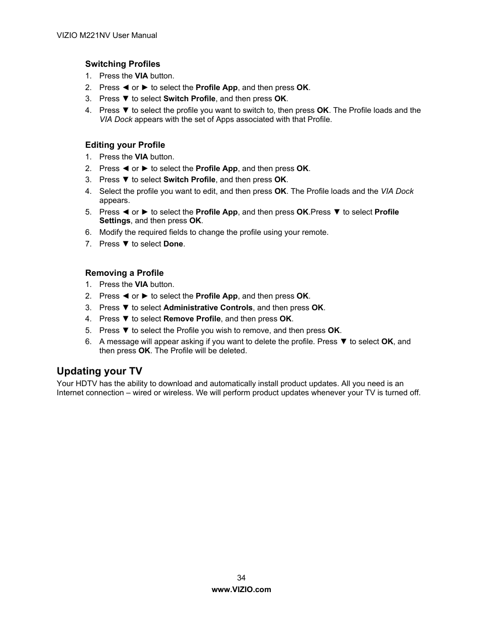 Updating your tv | Vizio M221NV User Manual | Page 34 / 60