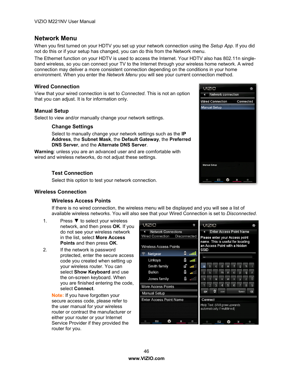 Network menu | Vizio M221NV User Manual | Page 46 / 60