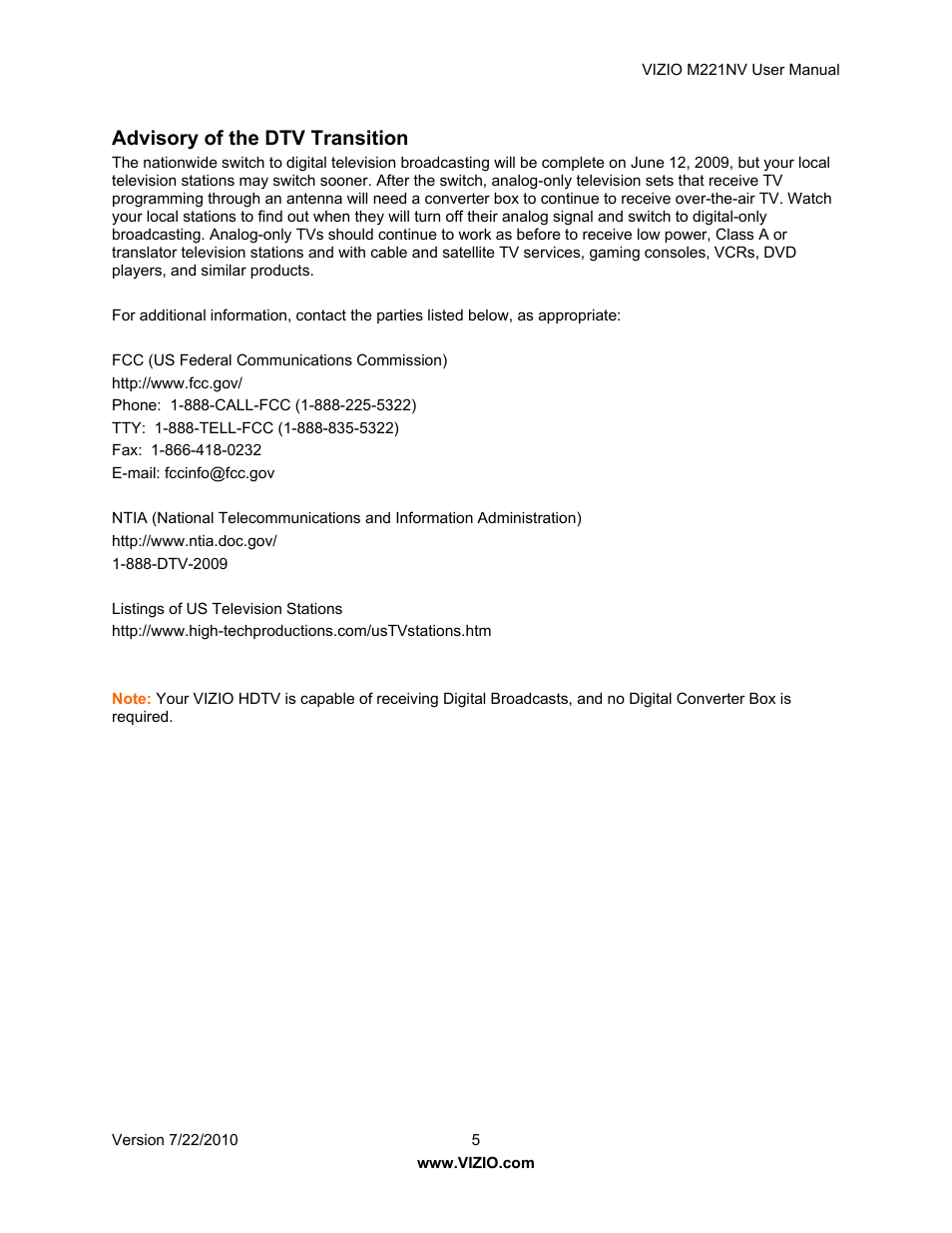 Advisory of the dtv transition | Vizio M221NV User Manual | Page 5 / 60