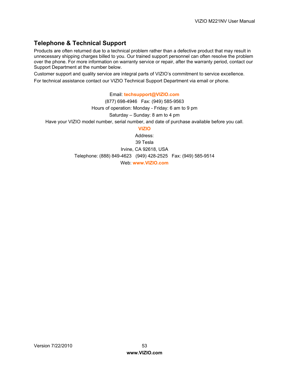 Telephone & technical support | Vizio M221NV User Manual | Page 53 / 60