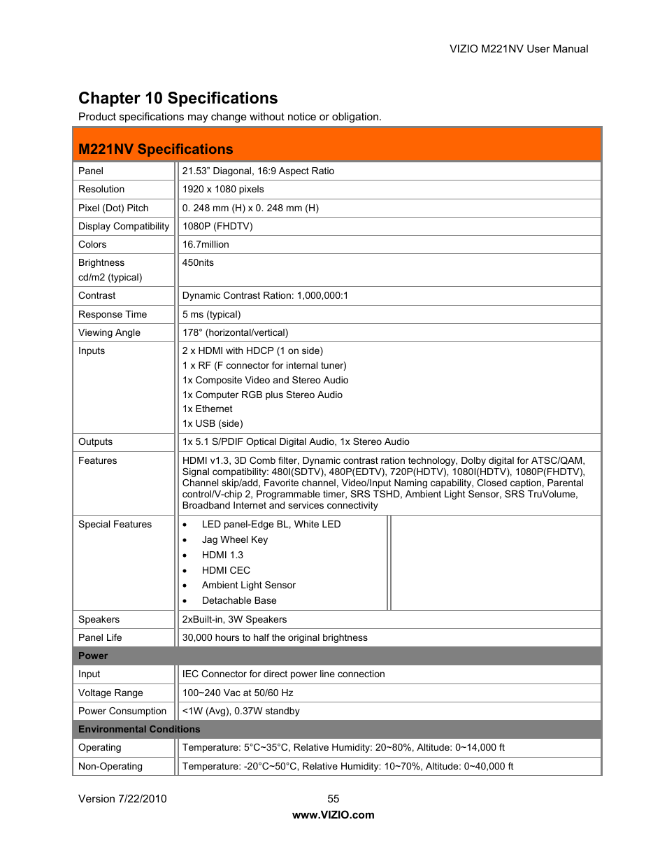 Chapter 10 specifications, M221nv specifications | Vizio M221NV User Manual | Page 55 / 60