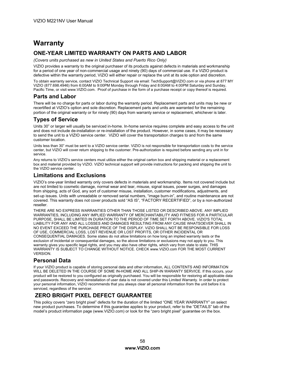 Warranty | Vizio M221NV User Manual | Page 58 / 60
