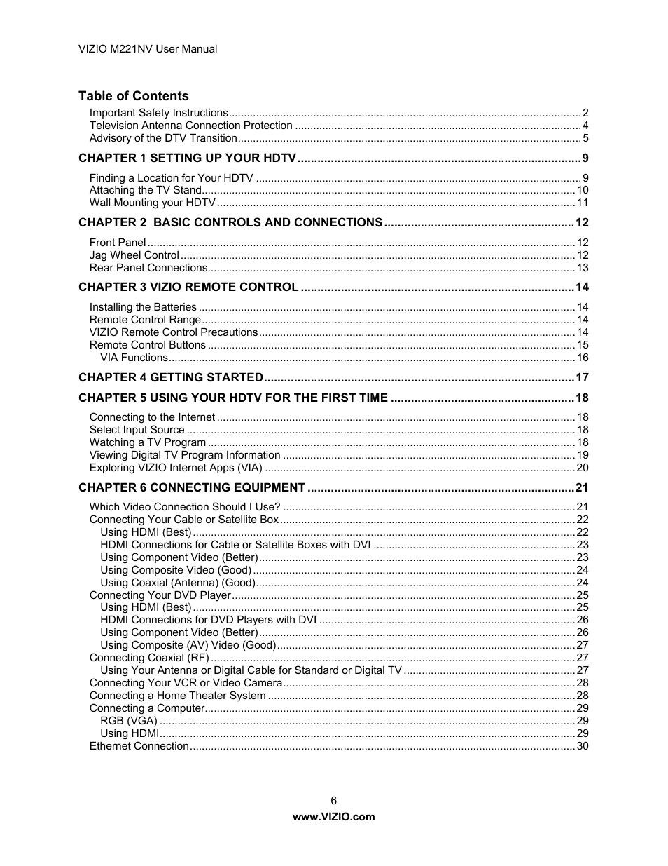 Vizio M221NV User Manual | Page 6 / 60