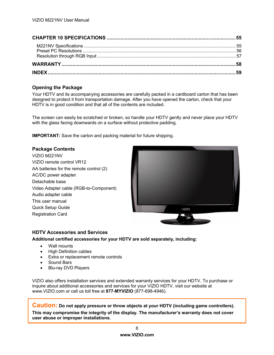 Caution | Vizio M221NV User Manual | Page 8 / 60