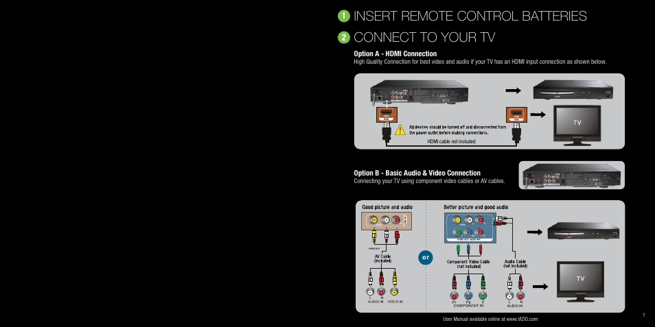 Insert remote control batteries connect to your tv | Vizio VBR120 User Manual | Page 2 / 7