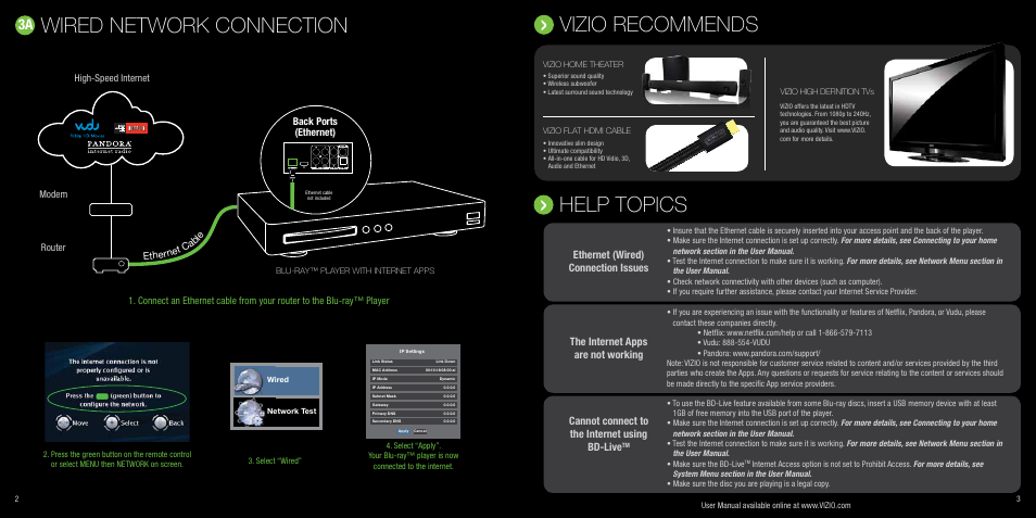 Wired network connection, Help topics, Vizio recommends | Cannot connect to the internet using bd-live, The internet apps are not working, Ethernet (wired) connection issues, Etherne t, Ca ble back ports (ethernet) high-speed internet | Vizio VBR120 User Manual | Page 3 / 7