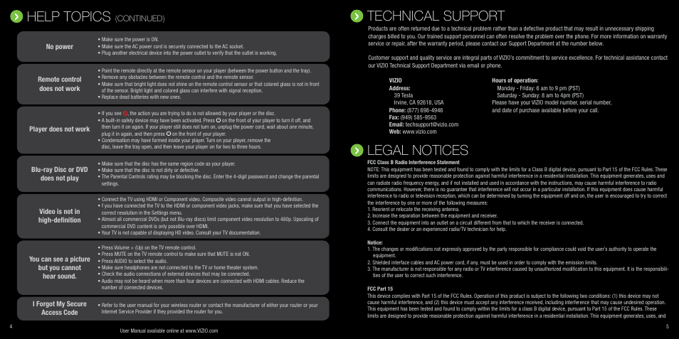 Help topics, Technical support, Legal notices | Continued) | Vizio VBR120 User Manual | Page 4 / 7