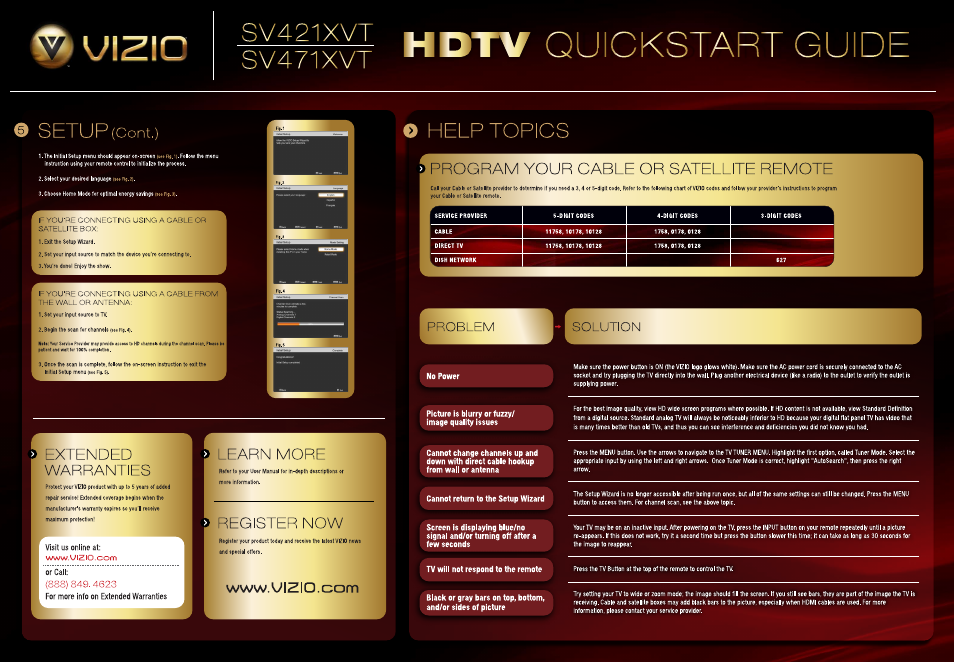 Sv421xvt, Sv471xvt, Quickstart guide | Setup, Help topics, Program your oable or satellite remote, Extended warranties, Learn more, T) register now, Cont.) | Vizio SV421XVT User Manual | Page 2 / 2